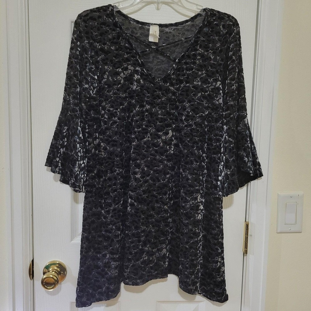 Leopard Burnout Velvet Bell Sleeve Tunic Top Black Large Whimsigoth Dark Fairy